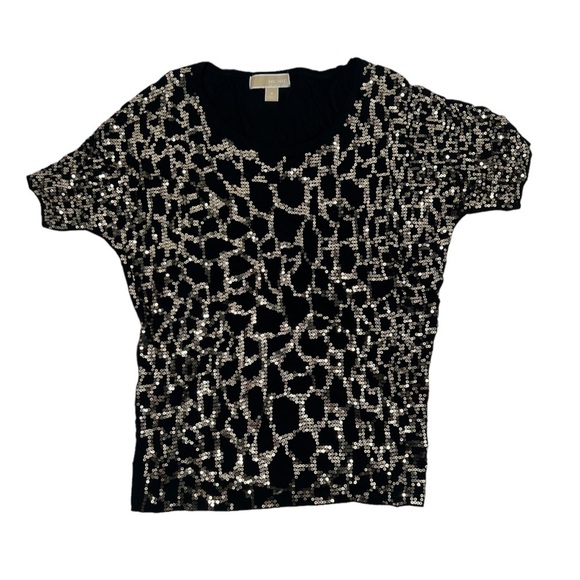 MICHAEL Michael Kors Black Gold Sequined Short Sleeve Blouse Size Med Women’s - Picture 1 of 5